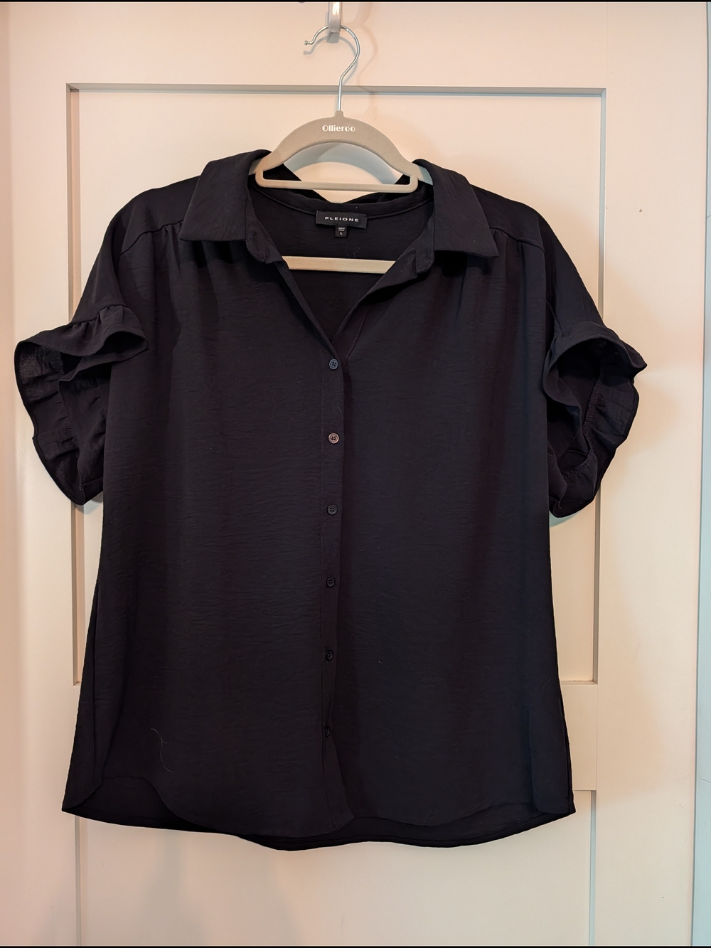 Black Button-Front Ruffle Sleeve Blouse